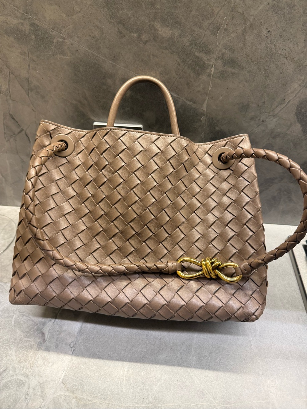 Rare Medium Bottega Veneta Andiamo Bag in Taupe with Gold Hardware